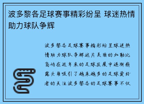 波多黎各足球赛事精彩纷呈 球迷热情助力球队争辉