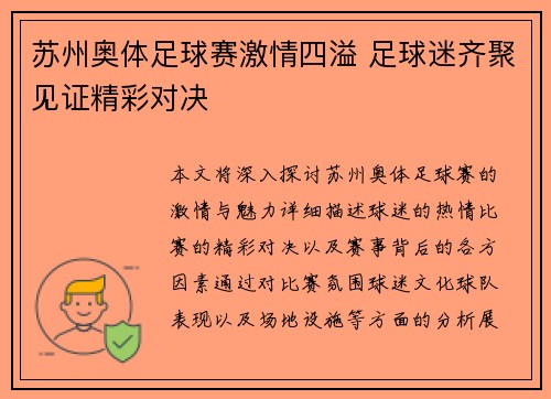 苏州奥体足球赛激情四溢 足球迷齐聚见证精彩对决