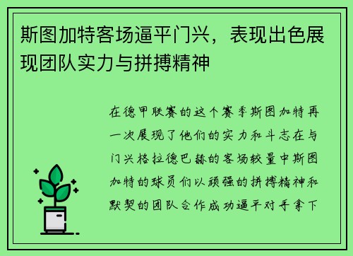 斯图加特客场逼平门兴，表现出色展现团队实力与拼搏精神