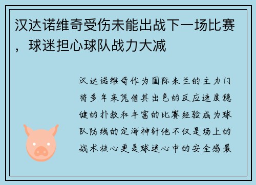 汉达诺维奇受伤未能出战下一场比赛，球迷担心球队战力大减