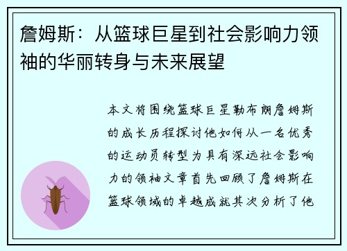 詹姆斯：从篮球巨星到社会影响力领袖的华丽转身与未来展望