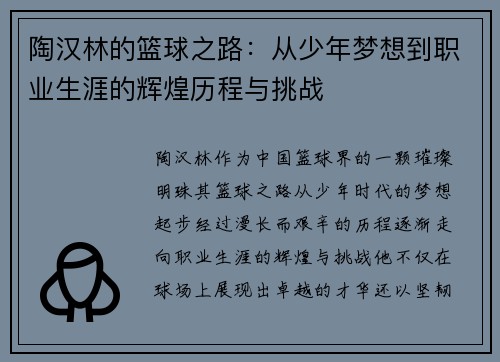 陶汉林的篮球之路：从少年梦想到职业生涯的辉煌历程与挑战