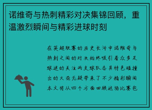 诺维奇与热刺精彩对决集锦回顾，重温激烈瞬间与精彩进球时刻