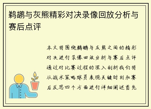 鹈鹕与灰熊精彩对决录像回放分析与赛后点评