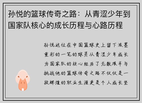孙悦的篮球传奇之路：从青涩少年到国家队核心的成长历程与心路历程