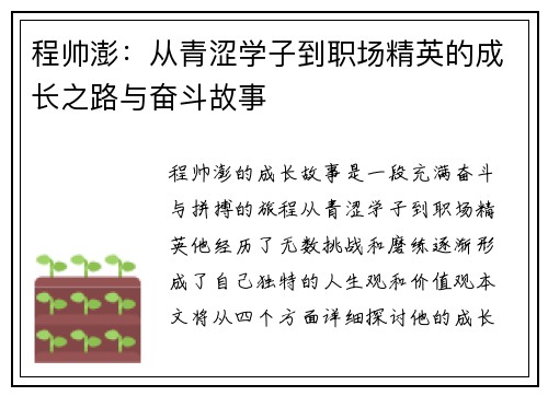 程帅澎：从青涩学子到职场精英的成长之路与奋斗故事