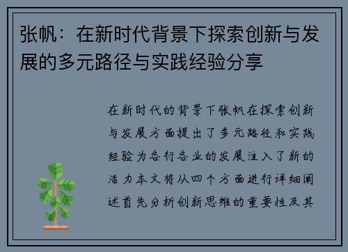 张帆：在新时代背景下探索创新与发展的多元路径与实践经验分享