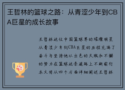 王哲林的篮球之路：从青涩少年到CBA巨星的成长故事